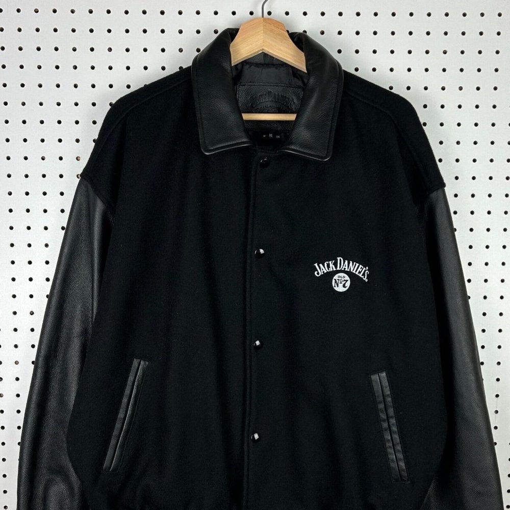 Vintage Jack Daniels Letterman Bomber‎ Jacket Size XL 100% Leather Wool Promo